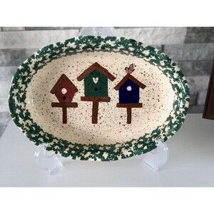 Vintage Gibson Oval Ceramic Bake Ware 11"x8"x2" Spatterware Spongeware Birdhouse